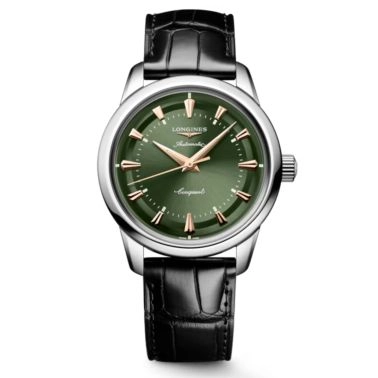 Longines Conquest Heritage automatic watch green dial black leather strap 38 mm