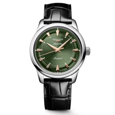 Montre Longines Conquest Heritage automatique cadran vert bracelet cuir noir 38 mm