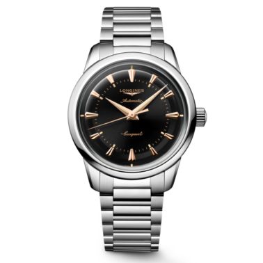 Longines Conquest Heritage automatic watch with black dial and 38 mm steel bracelet