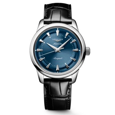 Longines Conquest Heritage automatic watch with blue dial and black leather strap, 38 mm