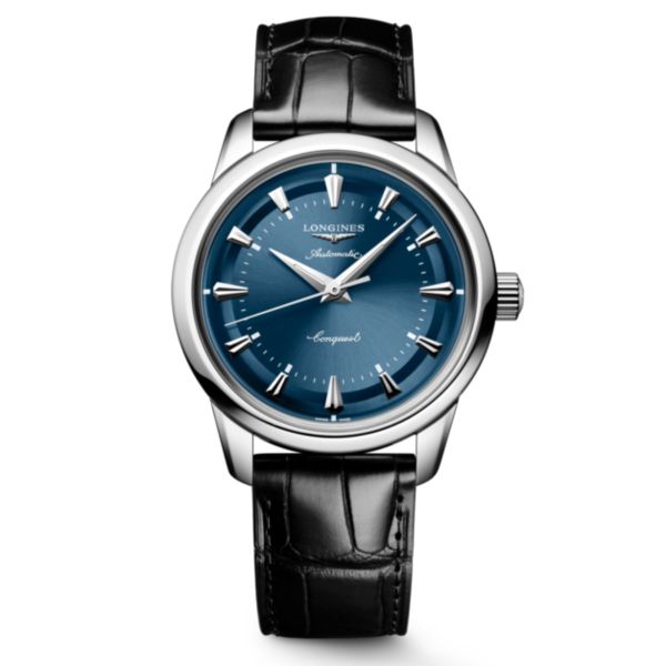 Montre Longines Conquest Heritage automatique cadran bleu bracelet cuir noir 38 mm