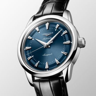 Montre Longines Conquest Heritage automatique cadran bleu bracelet cuir noir 38 mm