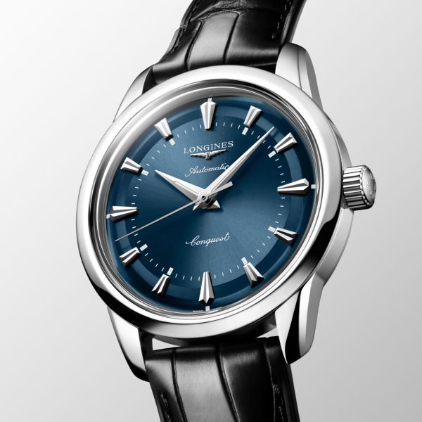 Montre Longines Conquest Heritage automatique cadran bleu bracelet cuir noir 38 mm