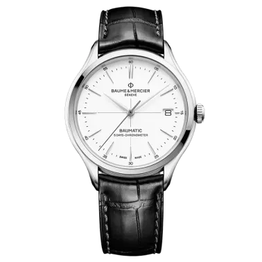 Montre Baume et Mercier Clifton Baumatic COSC cadran blanc bracelet cuir alligator noir 40 mm 10518