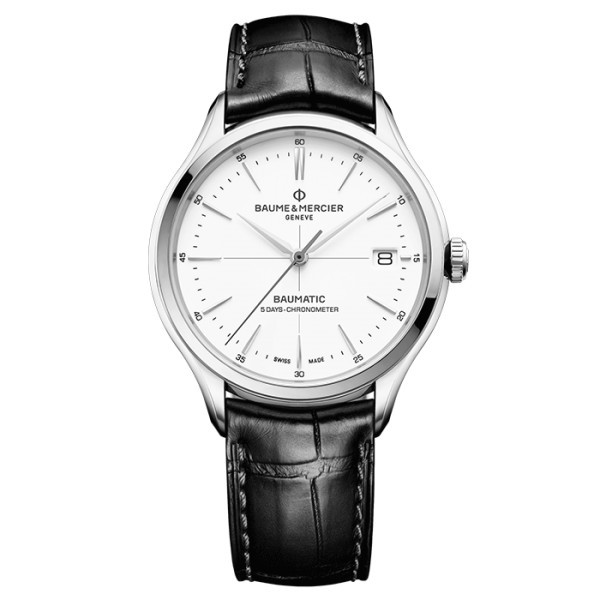 Montre Baume et Mercier Clifton Baumatic COSC cadran blanc bracelet cuir alligator noir 40 mm