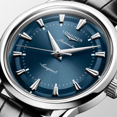 Montre Longines Conquest Heritage automatique cadran bleu bracelet cuir noir 38 mm