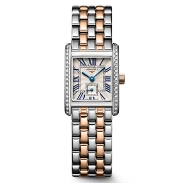 Longines DolceVita quartz watch with silver dial, diamonds, steel and rose gold bracelet, 21.50 x 29 mm