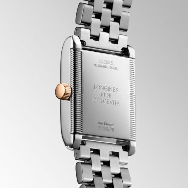 Longines DolceVita quartz watch with silver dial, diamonds, steel and rose gold bracelet, 21.50 x 29 mm