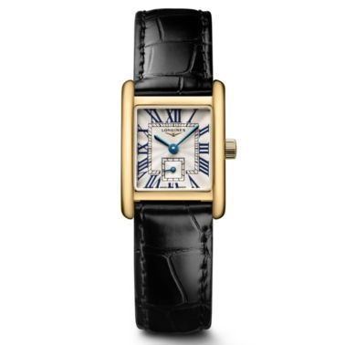 Longines Mini DolceVita quartz watch in yellow gold with silver dial and black leather strap, 21.5 x 29 mm