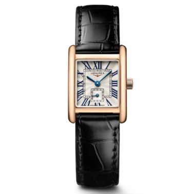Longines Mini DolceVita quartz watch in rose gold with silver dial and black leather strap, 21.5 x 29 mm