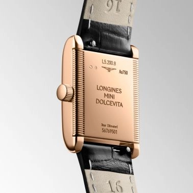 Longines Mini DolceVita quartz watch in rose gold with silver dial and black leather strap, 21.5 x 29 mm