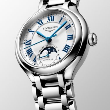 Montre Longines PrimaLuna Moonphase automatique cadran blanc bracelet acier 34 mm