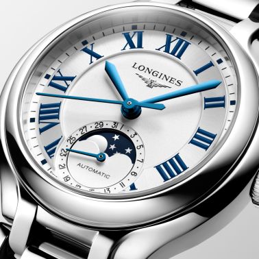 Montre Longines PrimaLuna Moonphase automatique cadran blanc bracelet acier 34 mm