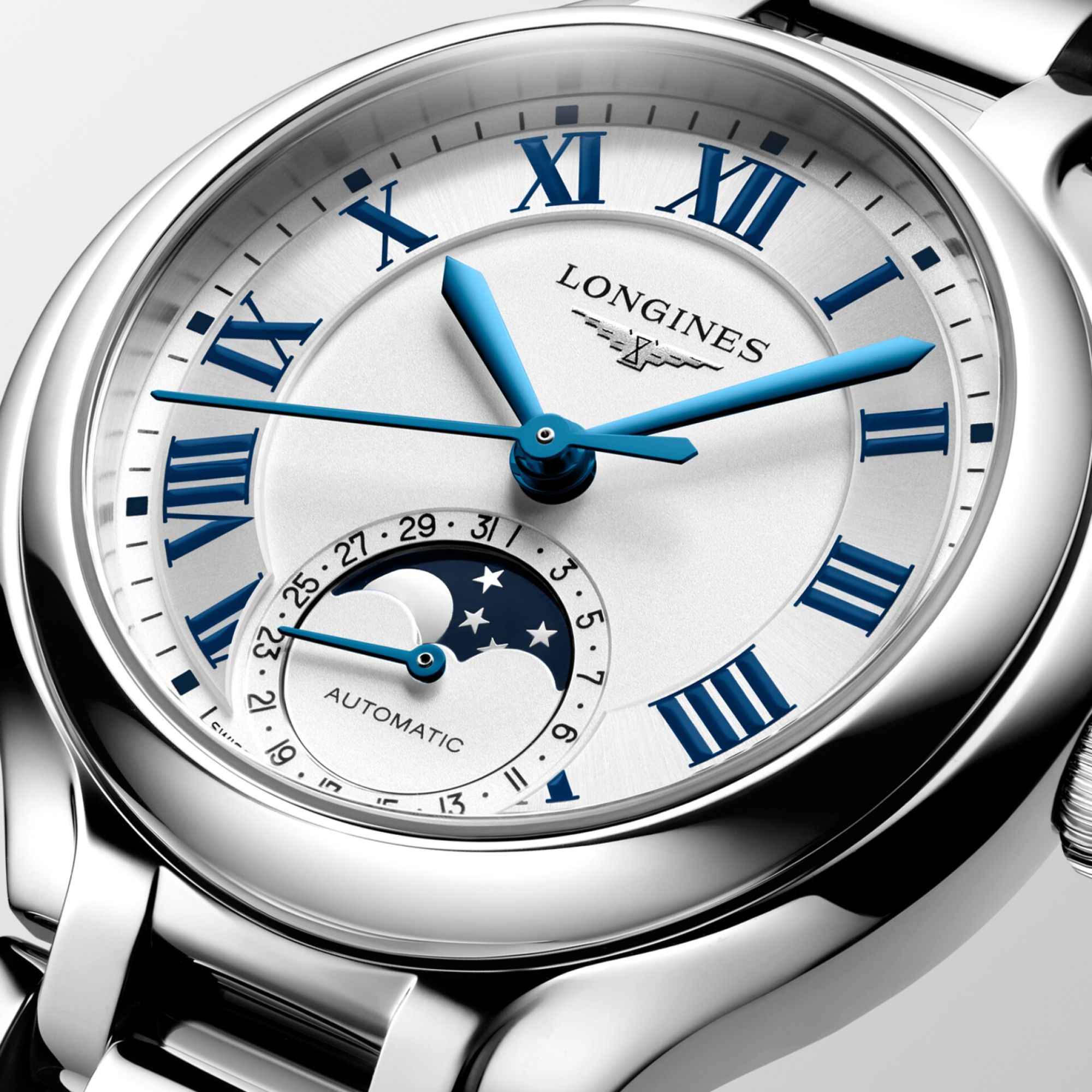 Montre Longines PrimaLuna Moonphase automatique cadran blanc bracelet acier 34 mm