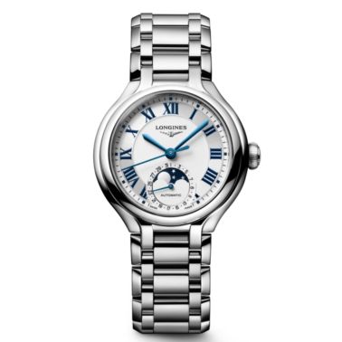 Longines PrimaLuna Moonphase automatic silver dial steel bracelet 34 mm