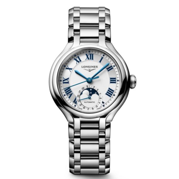 Montre Longines PrimaLuna Moonphase automatique cadran blanc bracelet acier 34 mm