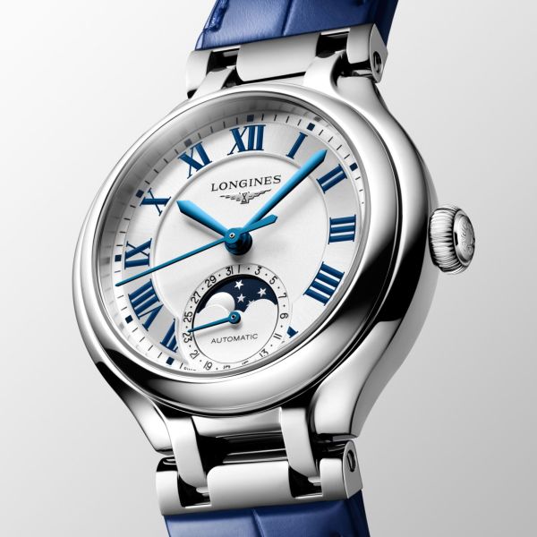 Longines PrimaLuna Moonphase automatic silver dial steel blue leather strap 34 mm