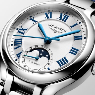 Longines PrimaLuna Moonphase automatic silver dial steel blue leather strap 34 mm
