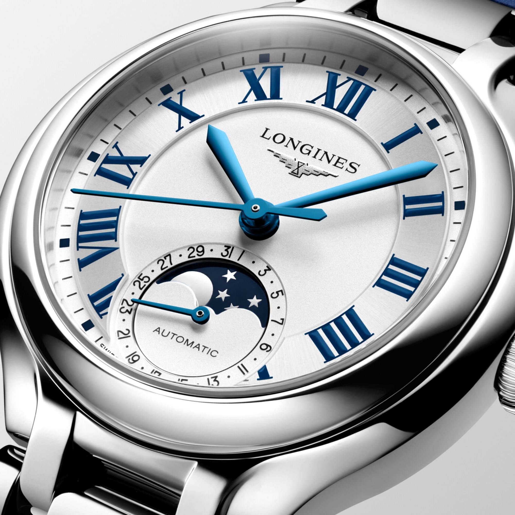 Longines PrimaLuna Moonphase automatic silver dial steel blue leather strap 34 mm