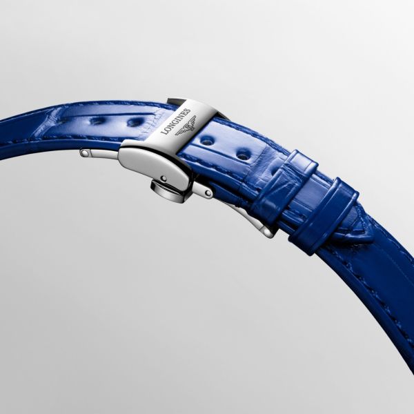 Longines PrimaLuna Moonphase automatic silver dial steel blue leather strap 34 mm