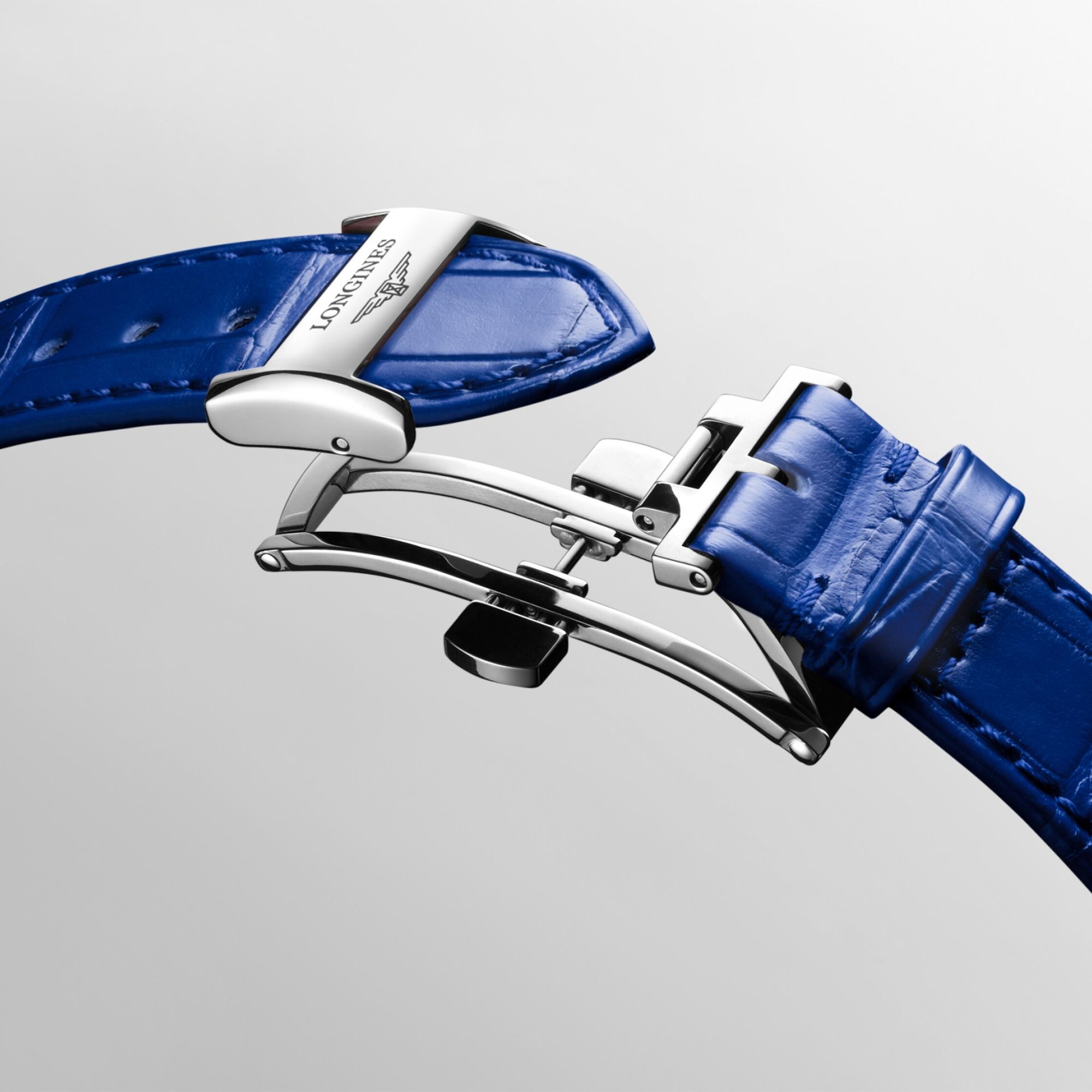 Longines PrimaLuna Moonphase automatic silver dial steel blue leather strap 34 mm