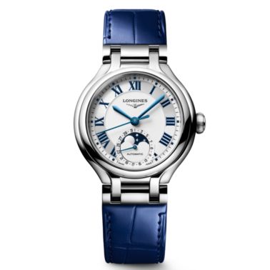 Longines PrimaLuna Moonphase automatic silver dial steel blue leather strap 34 mm