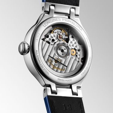 Longines PrimaLuna Moonphase automatic silver dial steel blue leather strap 34 mm