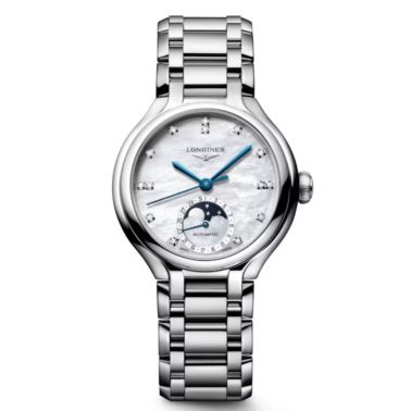 Montre Longines PrimaLuna Moonphase auto cadran nacre blanche index diamants bracelet acier 34 mm