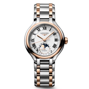 Longines PrimaLuna Moonphase automatic watch with white dial, diamond hour markers, and 34 mm steel and rose gold bracelet