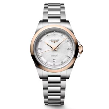 Longines Conquest automatic watch with white mother-of-pearl dial, rose gold bezel, steel and rose gold bracelet, 30 mm