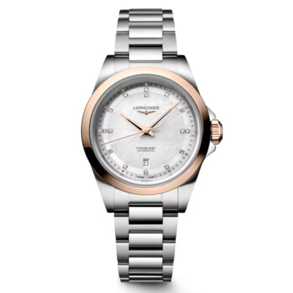 Montre Longines Conquest automatique cadran nacre blanche lunette or rose bracelet acier et or rose 30 mm