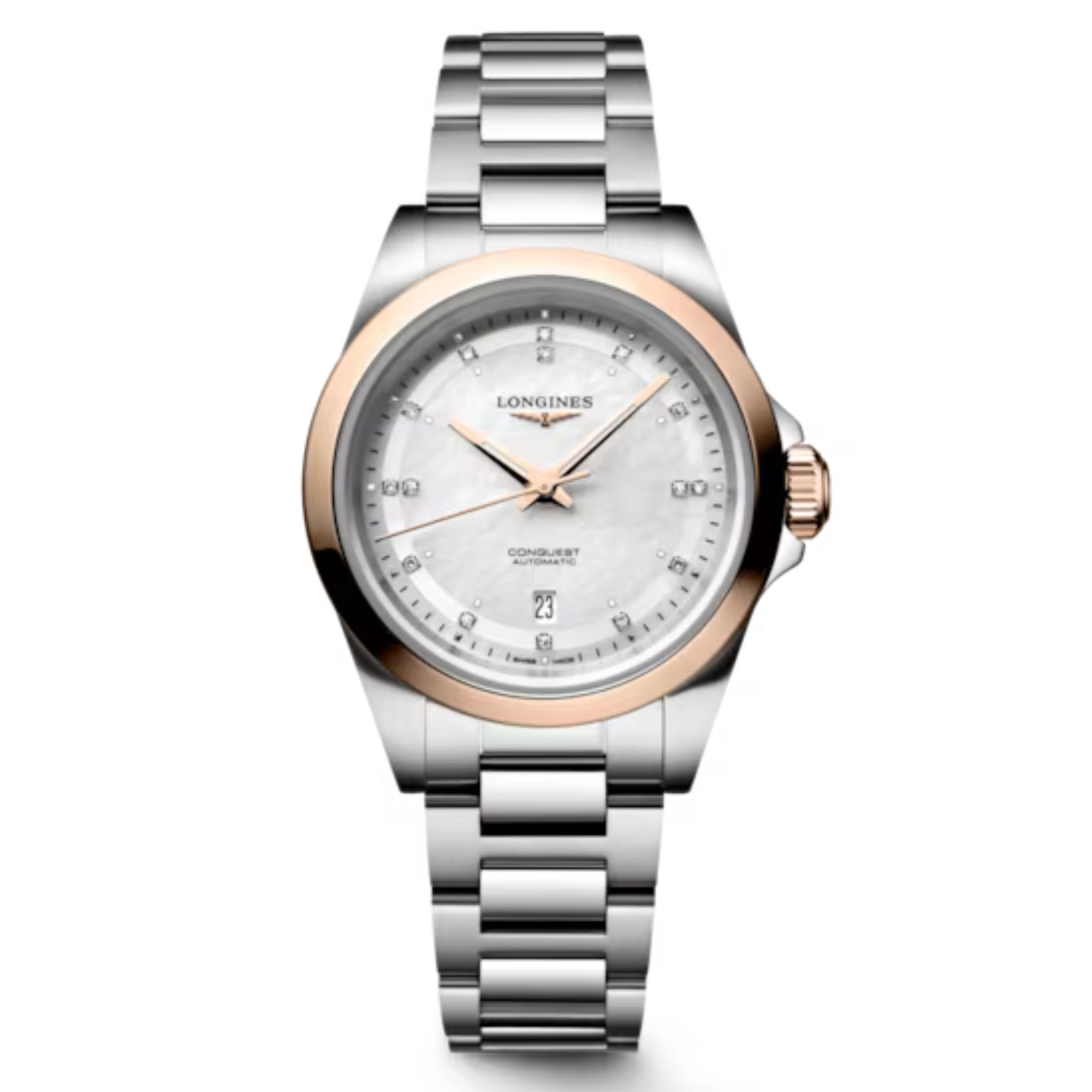 Montre Longines Conquest automatique cadran nacre blanche lunette or rose bracelet acier et or rose 30 mm