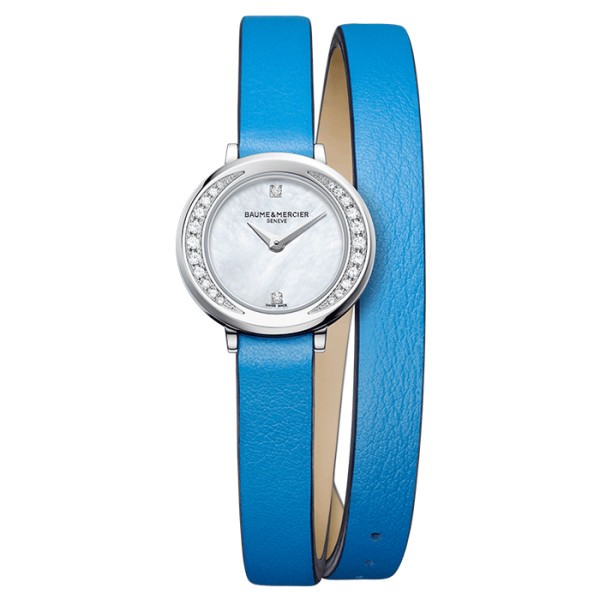Montre Baume et Mercier Petite Promesse quartz cadran nacre bracelet cuir veau bleu double tour 22 mm