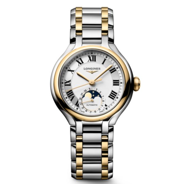 Longines PrimaLuna Moonphase automatic watch with white dial, diamond hour markers, steel and yellow gold bracelet, 34 mm
