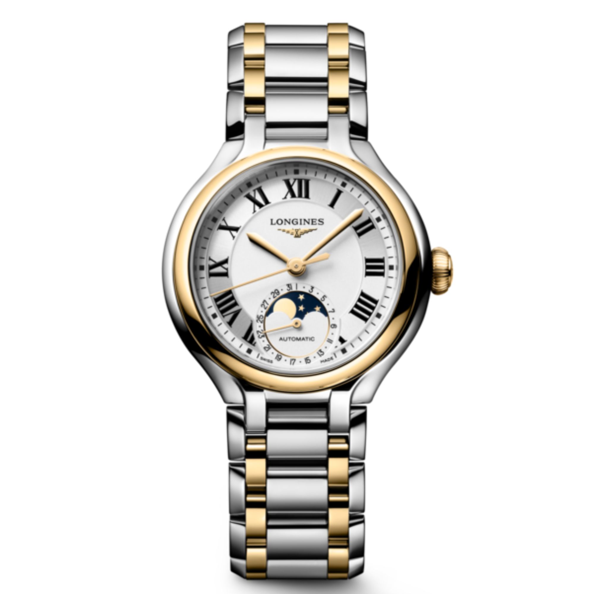 Longines PrimaLuna Moonphase automatic watch with white dial, diamond hour markers, steel and yellow gold bracelet, 34 mm