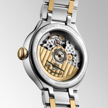 Longines PrimaLuna Moonphase automatic watch with white dial, diamond hour markers, steel and yellow gold bracelet, 34 mm