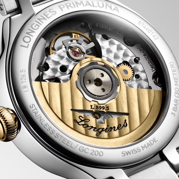 Longines PrimaLuna Moonphase automatic watch with white dial, diamond hour markers, steel and yellow gold bracelet, 34 mm