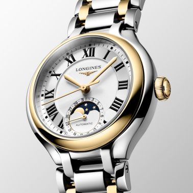 Montre Longines PrimaLuna Moonphase auto cadran blanc index diamants bracelet acier et or jaune 34 mm