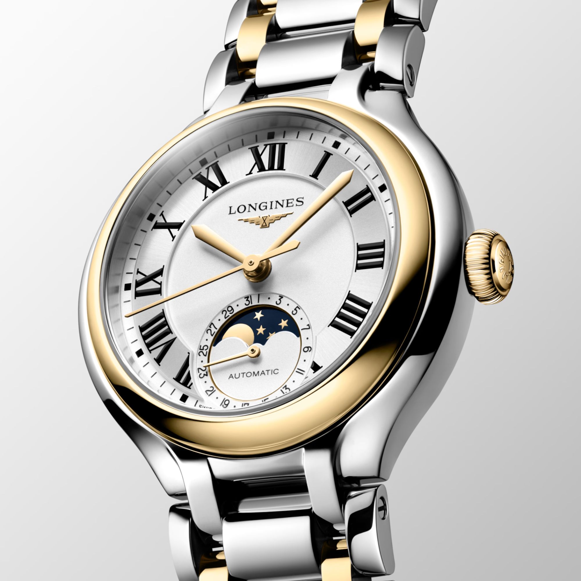 Longines PrimaLuna Moonphase automatic watch with white dial, diamond hour markers, steel and yellow gold bracelet, 34 mm