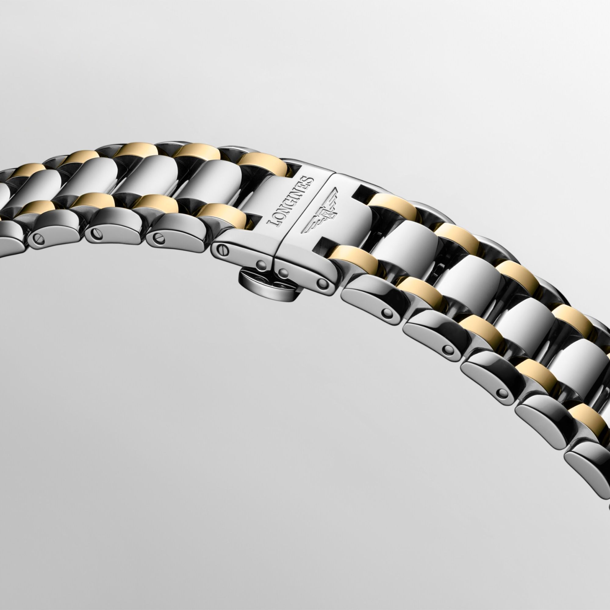 Longines PrimaLuna Moonphase automatic watch with white dial, diamond hour markers, steel and yellow gold bracelet, 34 mm