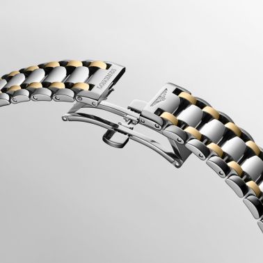 Longines PrimaLuna Moonphase automatic watch with white dial, diamond hour markers, steel and yellow gold bracelet, 34 mm