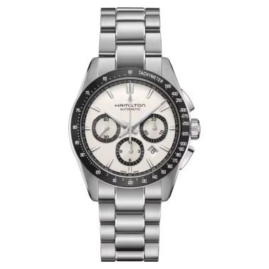 Montre Hamilton Jazzmaster Performer Chronographe automatique cadran blanc bracelet acier 42 mm