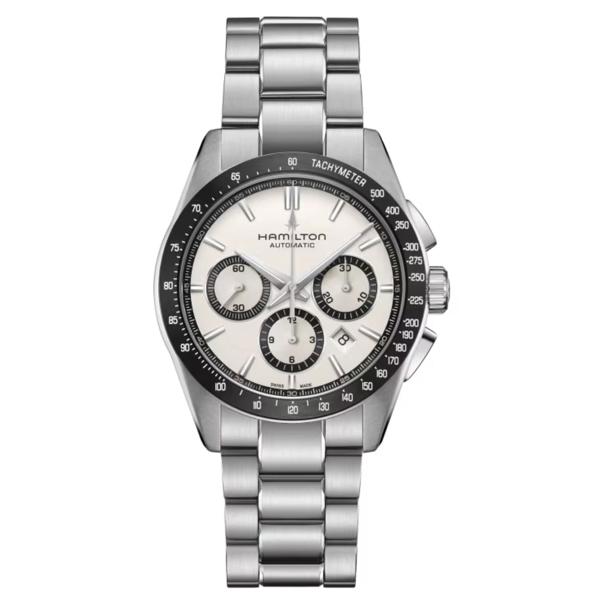 Montre Hamilton Jazzmaster Performer Chronographe automatique cadran blanc bracelet acier 42 mm
