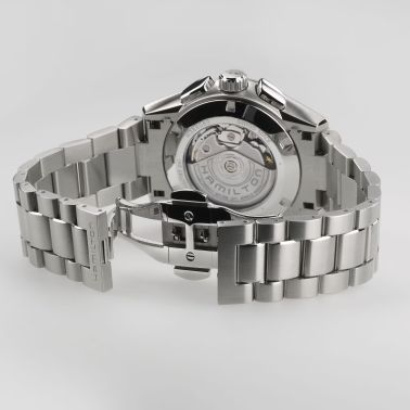 Montre Hamilton Jazzmaster Performer Chronographe automatique cadran blanc bracelet acier 42 mm