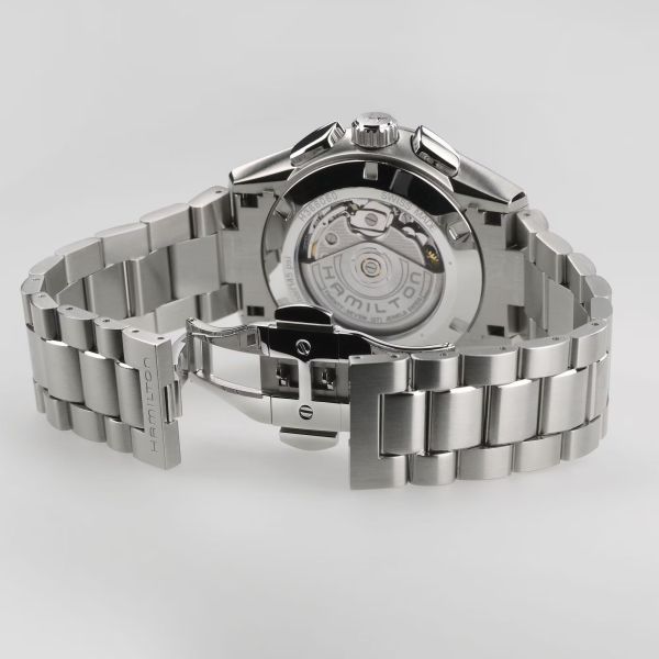 Montre Hamilton Jazzmaster Performer Chronographe automatique cadran blanc bracelet acier 42 mm