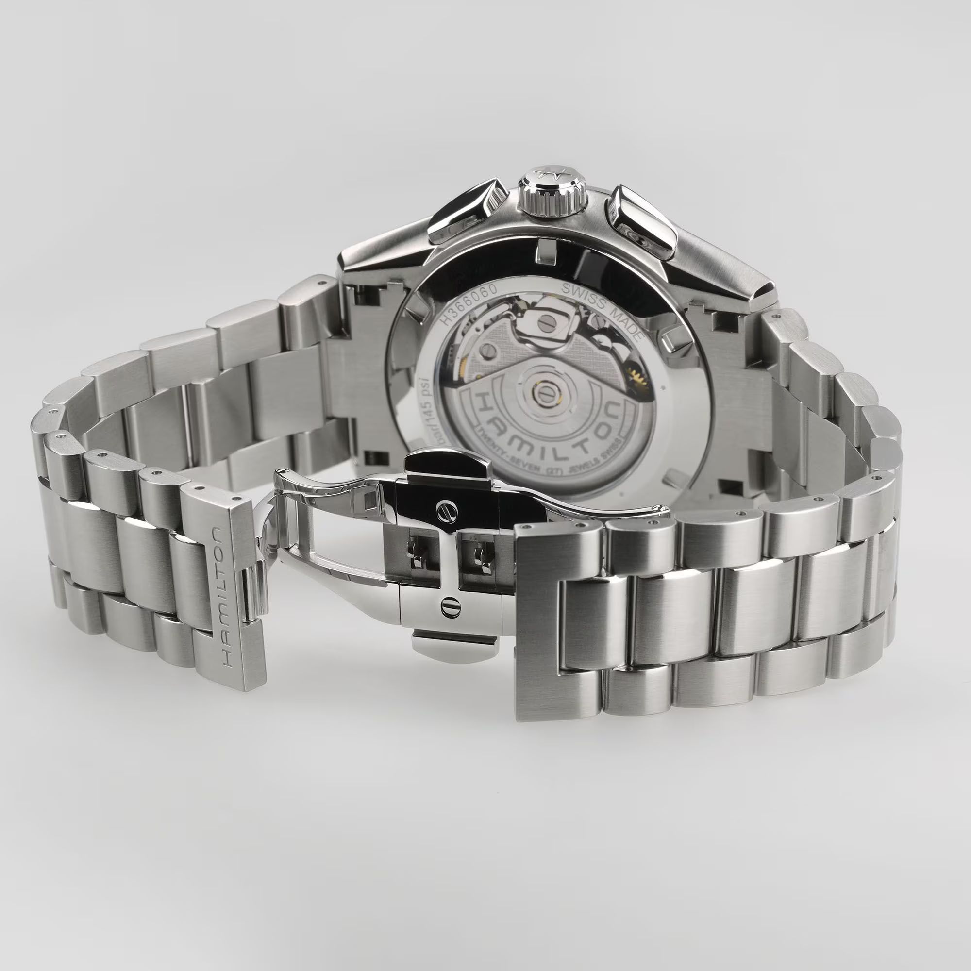 Montre Hamilton Jazzmaster Performer Chronographe automatique cadran blanc bracelet acier 42 mm