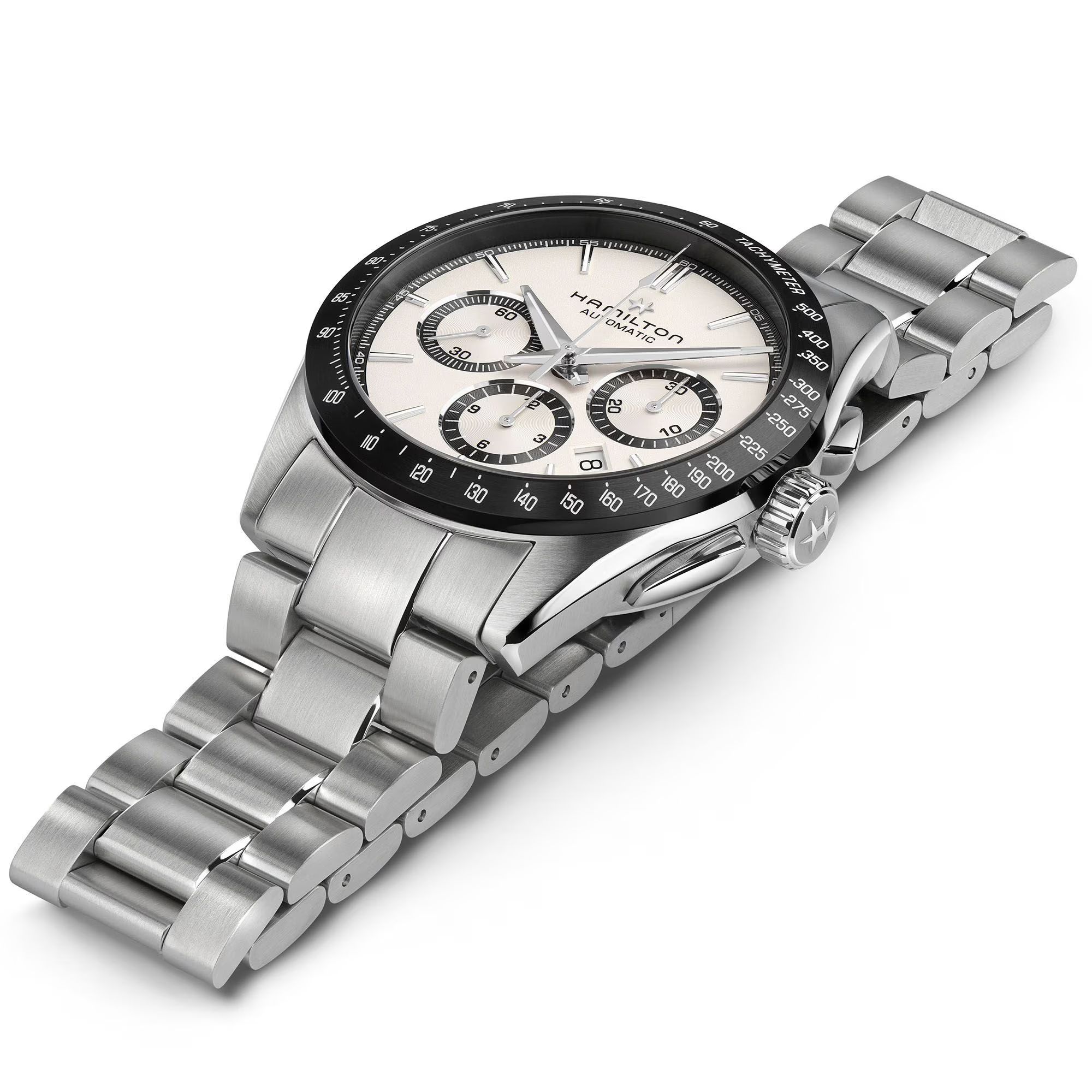 Montre Hamilton Jazzmaster Performer Chronographe automatique cadran blanc bracelet acier 42 mm