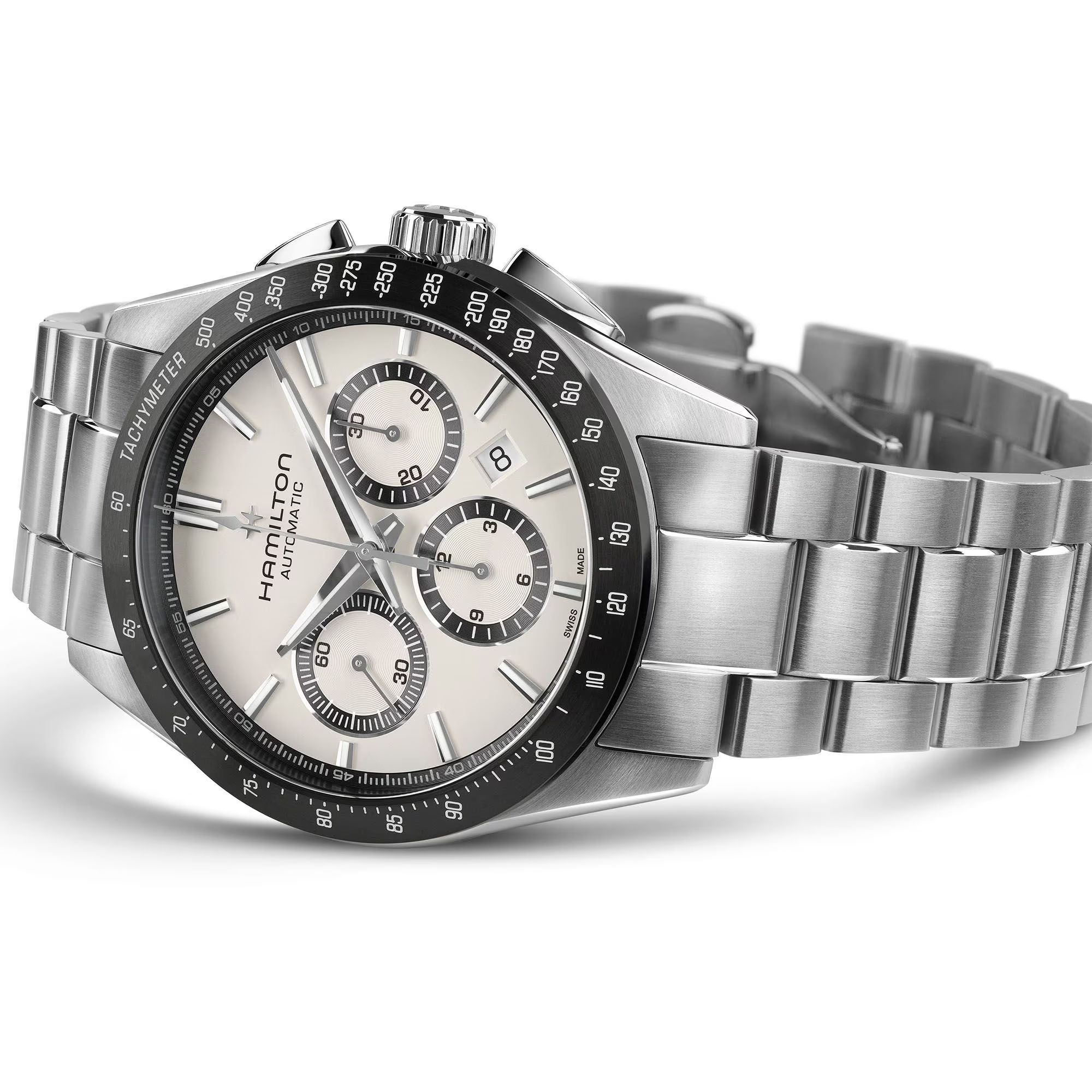 Montre Hamilton Jazzmaster Performer Chronographe automatique cadran blanc bracelet acier 42 mm