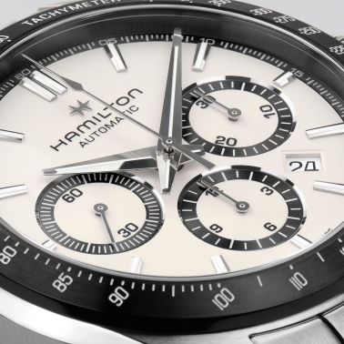Montre Hamilton Jazzmaster Performer Chronographe automatique cadran blanc bracelet acier 42 mm