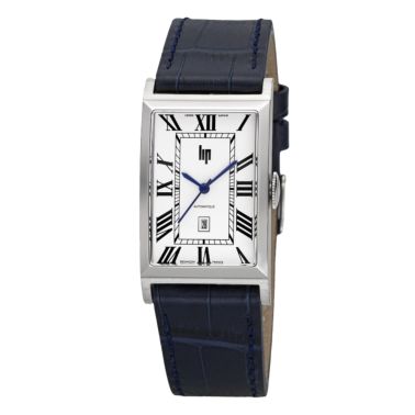 Montre Lip Churchill T26 automatique cadran blanc bracelet cuir bleu 46 x 26 mm